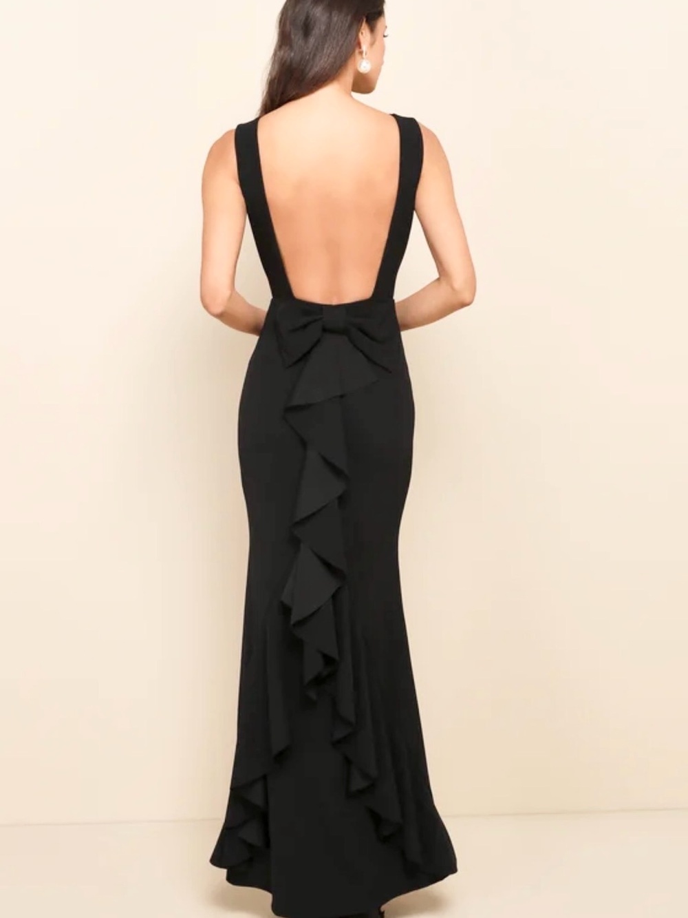 Lulu's Black Backless Mermaid Gown with Bow & Ruffle Back